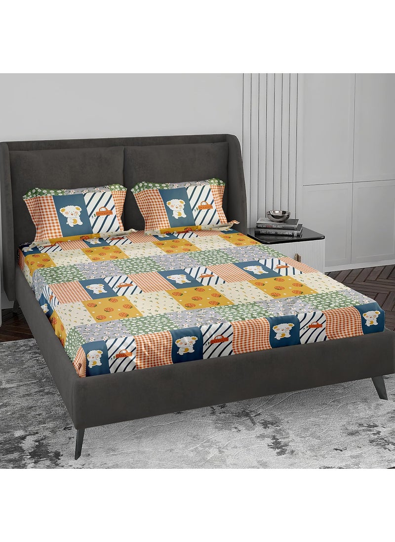 LABHAM Kids Mania 140GSM Glace Cotton Floral Abstract Print Super Soft Double Bed King Size Bedsheet 90 x 100 with 2 Pillow Covers Blue Orange
