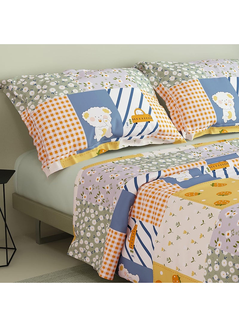 LABHAM Kids Mania 140GSM Glace Cotton Floral Abstract Print Super Soft Double Bed King Size Bedsheet 90 x 100 with 2 Pillow Covers Blue Orange