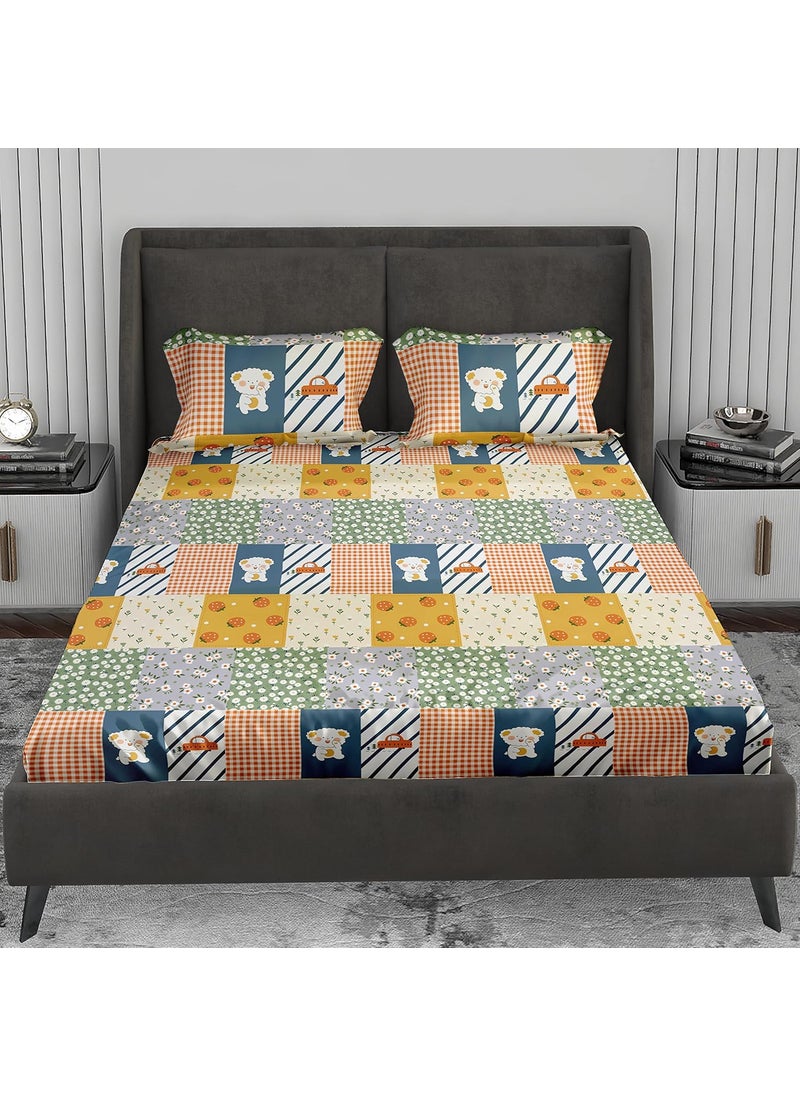 LABHAM Kids Mania 140GSM Glace Cotton Floral Abstract Print Super Soft Double Bed King Size Bedsheet 90 x 100 with 2 Pillow Covers Blue Orange