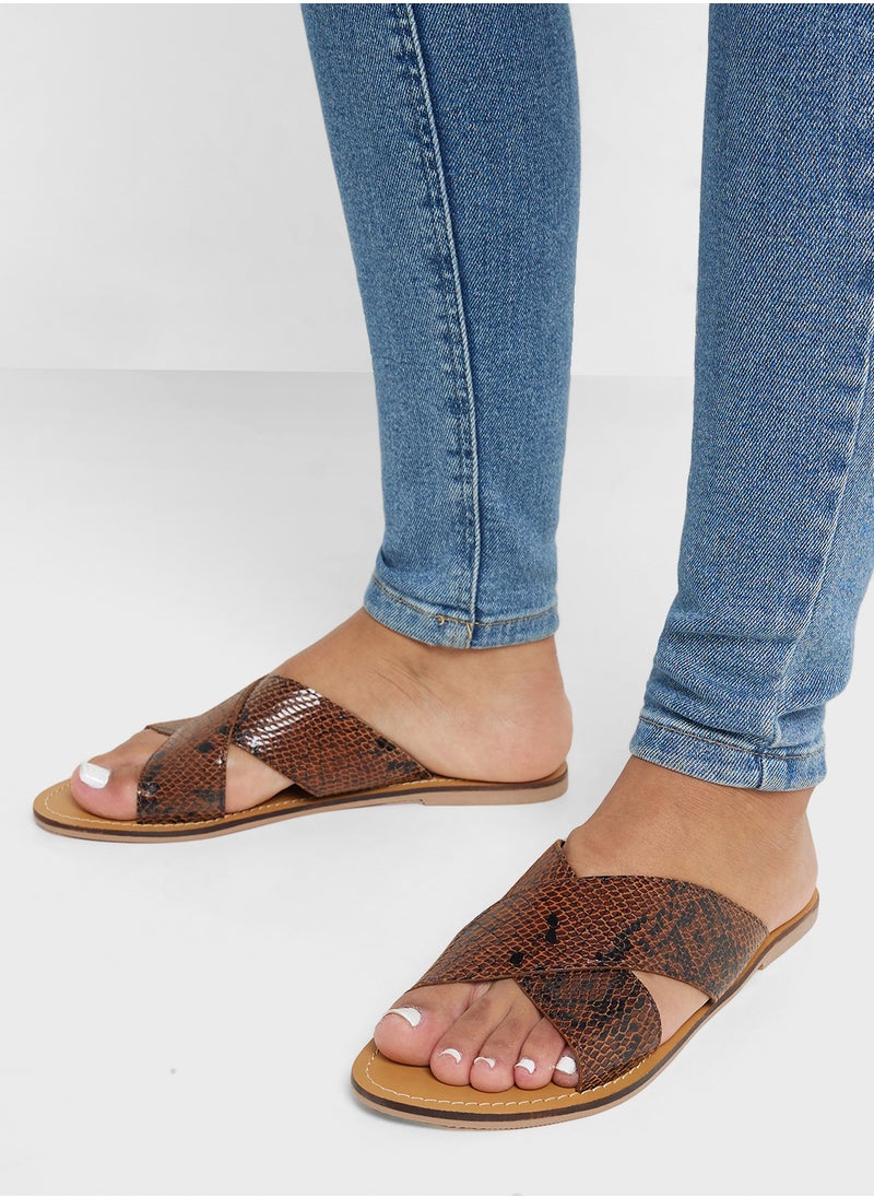 Printed Cross Strap Flat Sandal