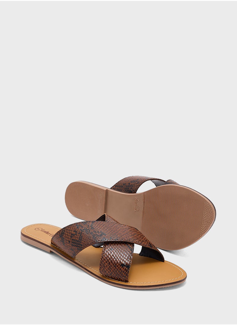 Printed Cross Strap Flat Sandal
