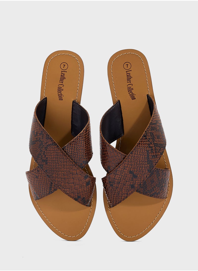 Printed Cross Strap Flat Sandal
