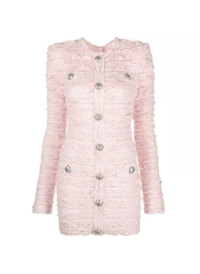 Pink Fashion Hollow Stripe Embossed Textured Bodycon Mini Dress with Metal Buckle