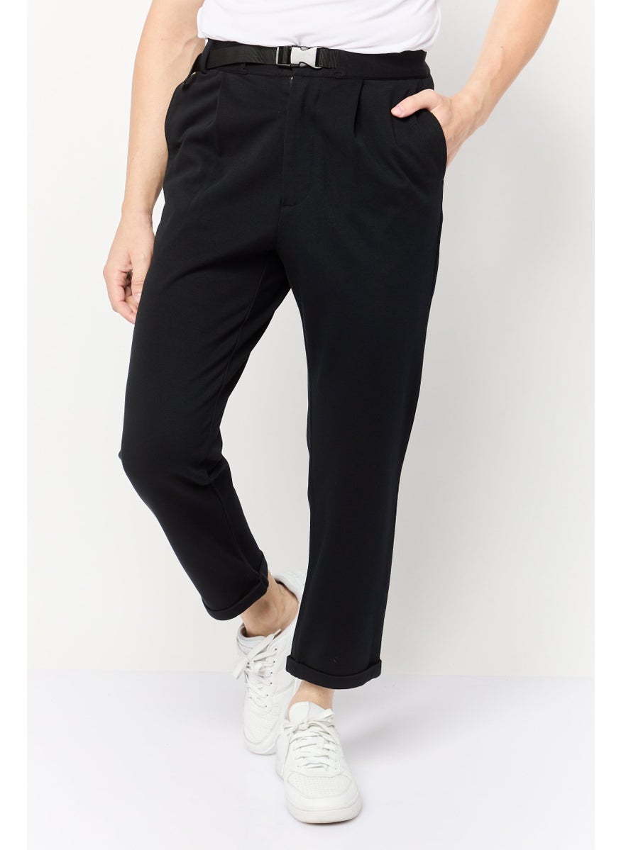 Men Tapered Fit Solid Cropped Pants, Black