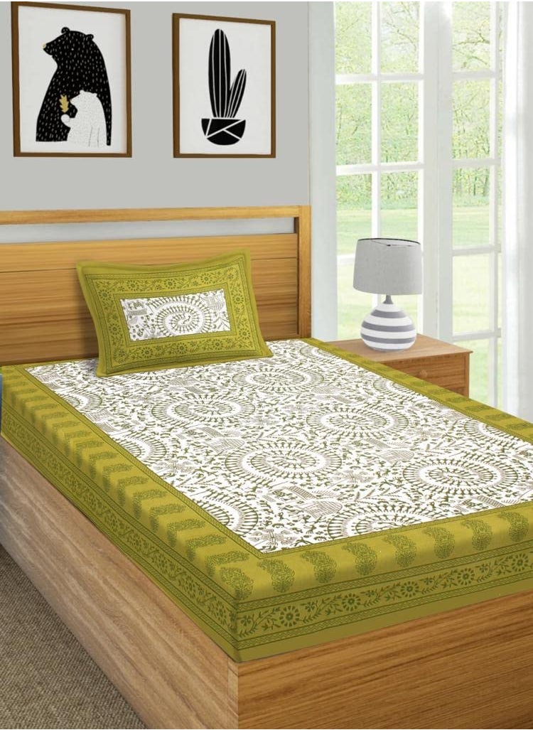 JAIPUR PRINTS 100 Cotton Jaipuri Traditional Single Bedsheet with 1 Pillow Covers Single Sale 03