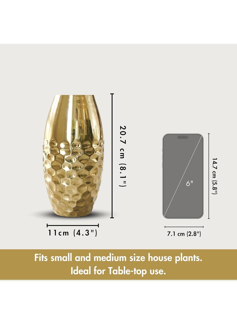 Behoma Metal Hammered Vase for Home Decor Decoratives for Indoor Living Room Best Gift for Birthday Anniversary Valentines Day Golden Half Hammered Oblong Shape 1 Large Pcs Flower not Included