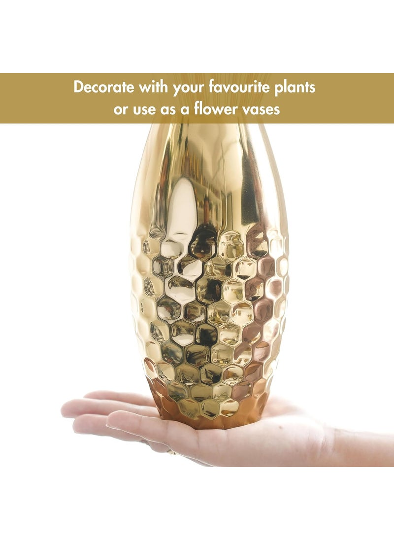Behoma Metal Hammered Vase for Home Decor Decoratives for Indoor Living Room Best Gift for Birthday Anniversary Valentines Day Golden Half Hammered Oblong Shape 1 Large Pcs Flower not Included