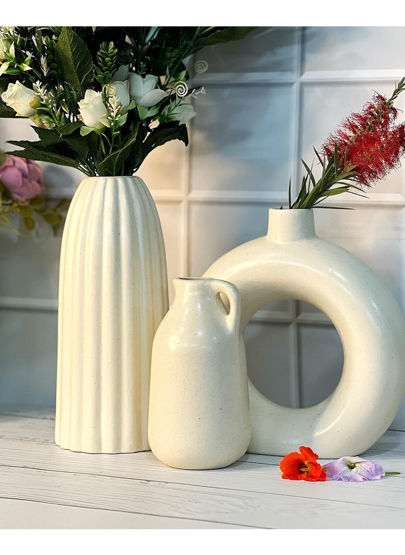 Praahi Lifestyle Premium Ceramic Off White Vases Set of 3 Ceramic flower Pot and vase for Modern Home Decor Living Room Bedroom Dining Table 10 Ribbed Vase 9 Donut Vase 7 Milkjar Vase