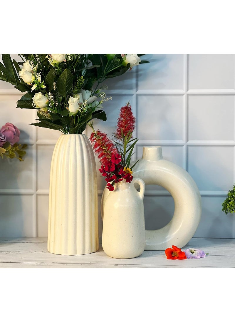 Praahi Lifestyle Premium Ceramic Off White Vases Set of 3 Ceramic flower Pot and vase for Modern Home Decor Living Room Bedroom Dining Table 10 Ribbed Vase 9 Donut Vase 7 Milkjar Vase