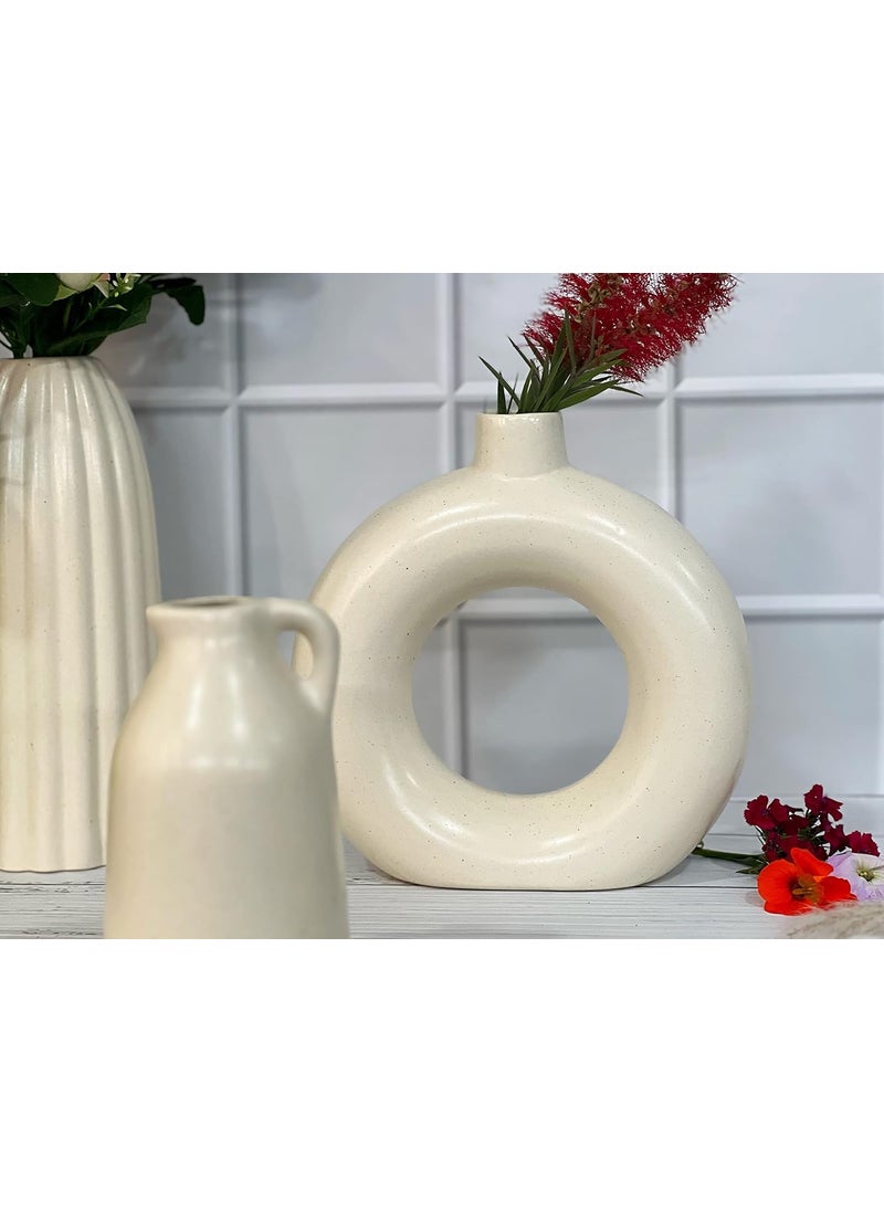 Praahi Lifestyle Premium Ceramic Off White Vases Set of 3 Ceramic flower Pot and vase for Modern Home Decor Living Room Bedroom Dining Table 10 Ribbed Vase 9 Donut Vase 7 Milkjar Vase