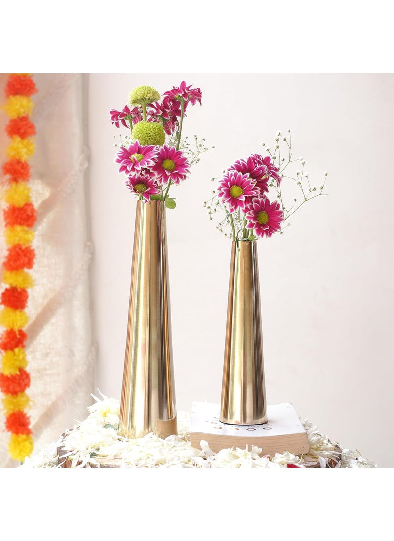 Behoma Golden Metal Slim Cone 8 106 Flower Vase for Home Decor Bedroom Living Room Office Wedding Table Decorative Item for Festivals Birthday Valentines Day Flower Not Included Set of 2