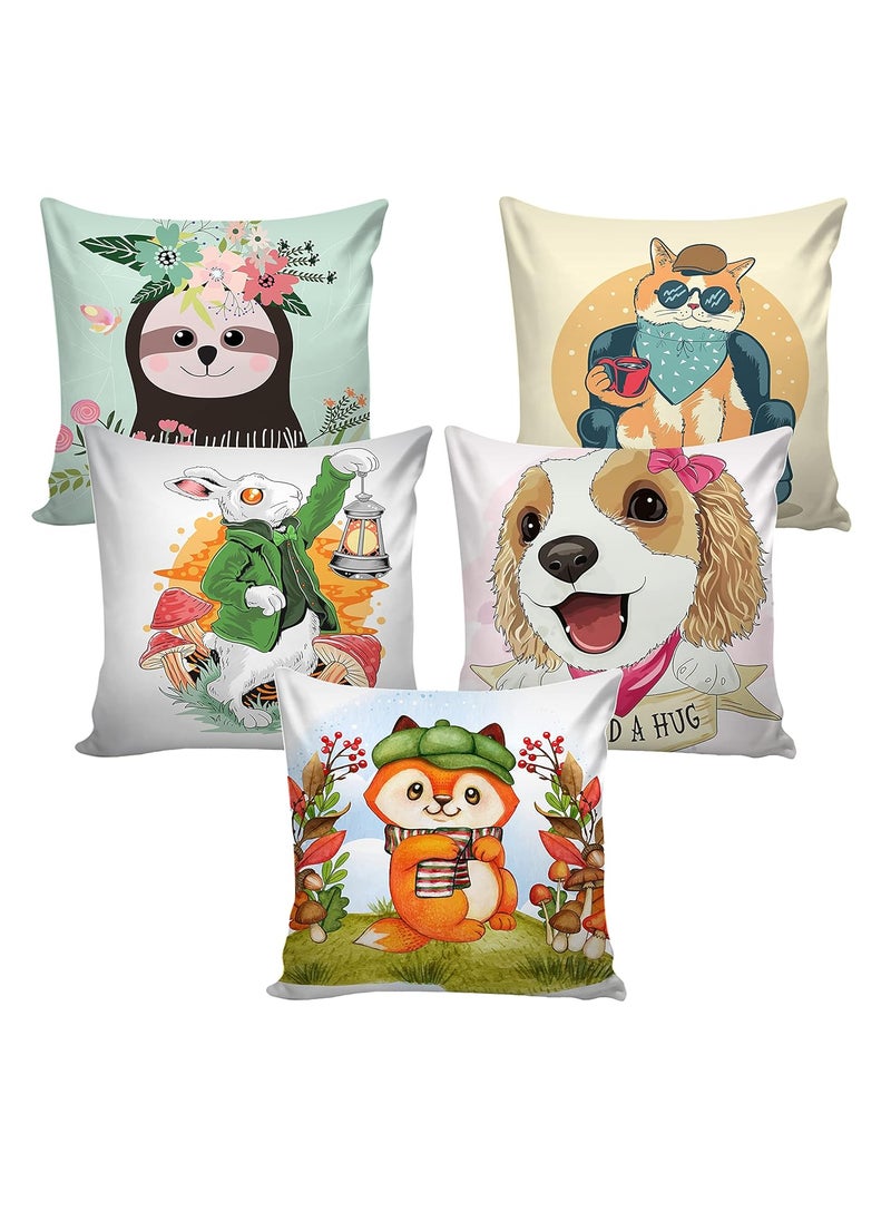 AEROHAVEN Premium Set of 5 Cartoon Digital Printed Hand Stitched Throw PillowCushion Covers Brown 16 x 16 Inch CC186