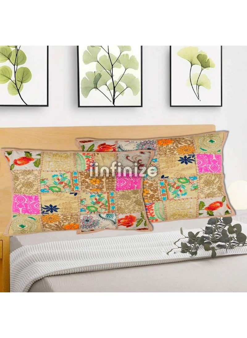 iinfinize Handmade Khambadiya Pillow Cover Throw Vintage Bedding Cushion Case Decorative Patchwork Pillow Case Set of 2 Indian Stylish Cushion Cover 16x24 Inch Bed Pillow Sham Beige