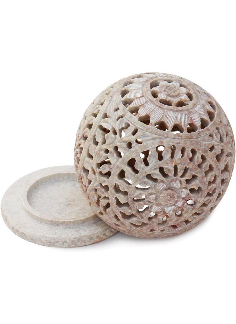 MBSC Unique HandCarved Soapstone Tealight Holder SphereShaped Candle Holder with Intricate Tendril Openwork Floral Design Decorative Home Decor Accent for Living Room Bedroom Festive Gifting