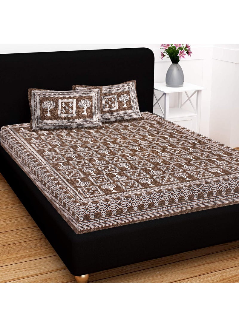 SheetKart 144 TC Cotton Floral Jaipuri Printed Double Bedsheet with 2 Pillow Covers Coffee Brown