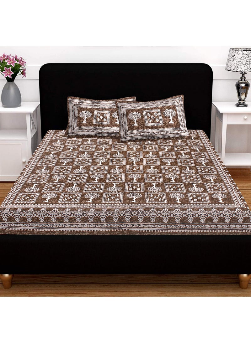 SheetKart 144 TC Cotton Floral Jaipuri Printed Double Bedsheet with 2 Pillow Covers Coffee Brown