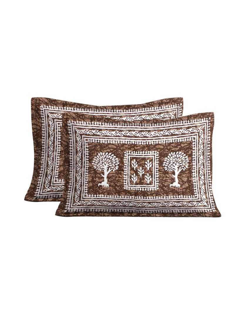 SheetKart 144 TC Cotton Floral Jaipuri Printed Double Bedsheet with 2 Pillow Covers Coffee Brown