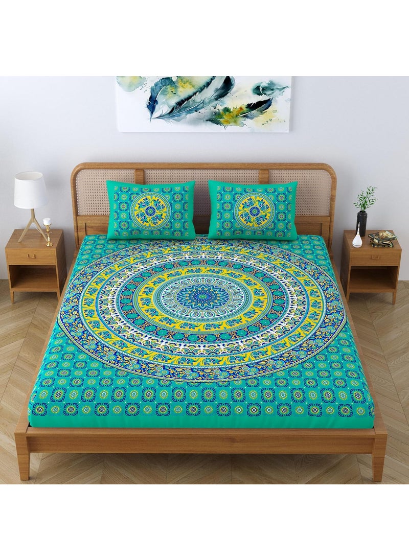 SheetKart Elephant Mandala 144 TC 100 Cotton Double King Size Bedsheet with 2 Pillow Covers Green Character 228 CM x 228 CM