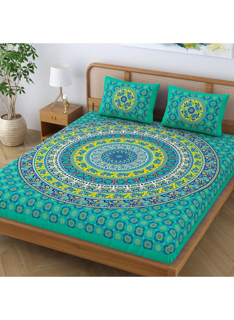 SheetKart Elephant Mandala 144 TC 100 Cotton Double King Size Bedsheet with 2 Pillow Covers Green Character 228 CM x 228 CM