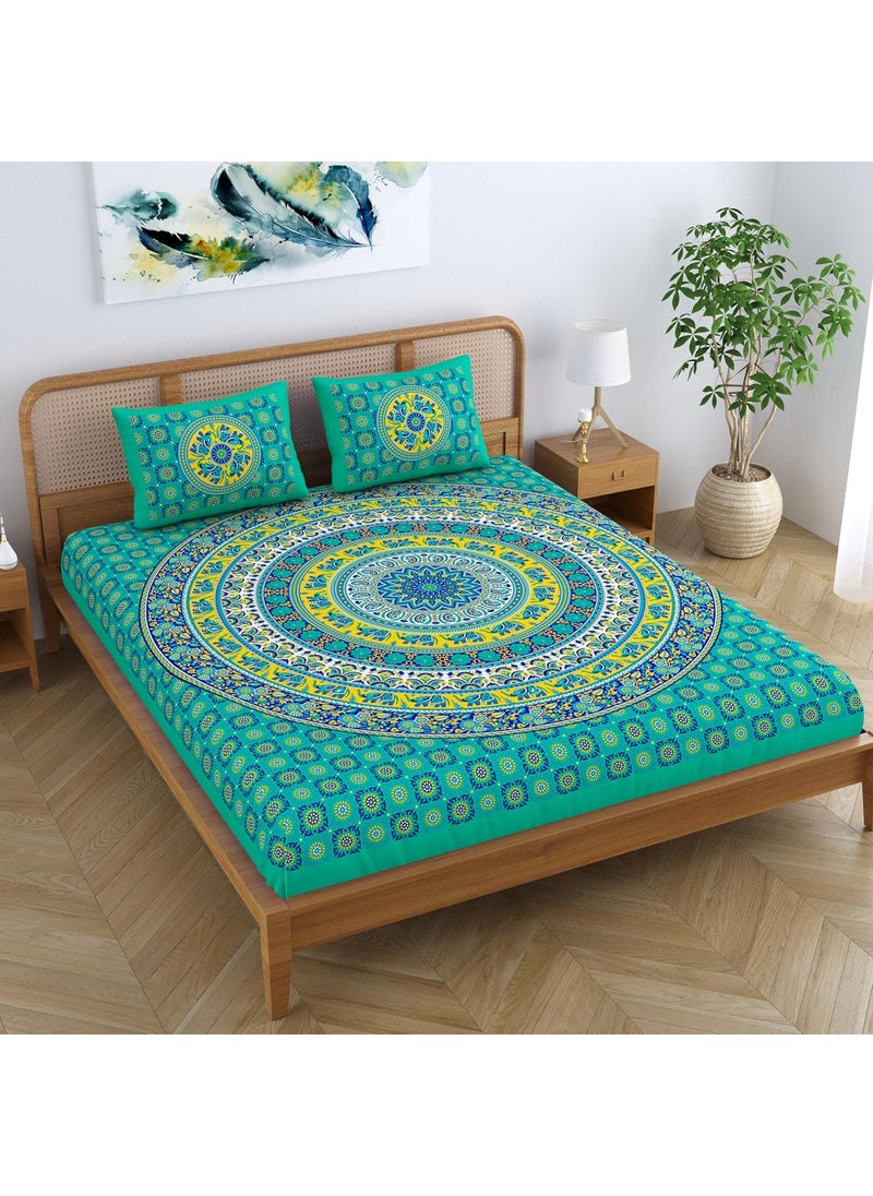 SheetKart Elephant Mandala 144 TC 100 Cotton Double King Size Bedsheet with 2 Pillow Covers Green Character 228 CM x 228 CM