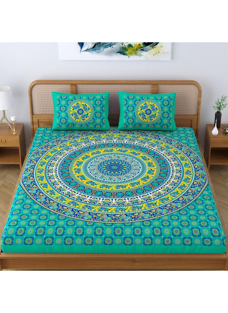 SheetKart Elephant Mandala 144 TC 100 Cotton Double King Size Bedsheet with 2 Pillow Covers Green Character 228 CM x 228 CM