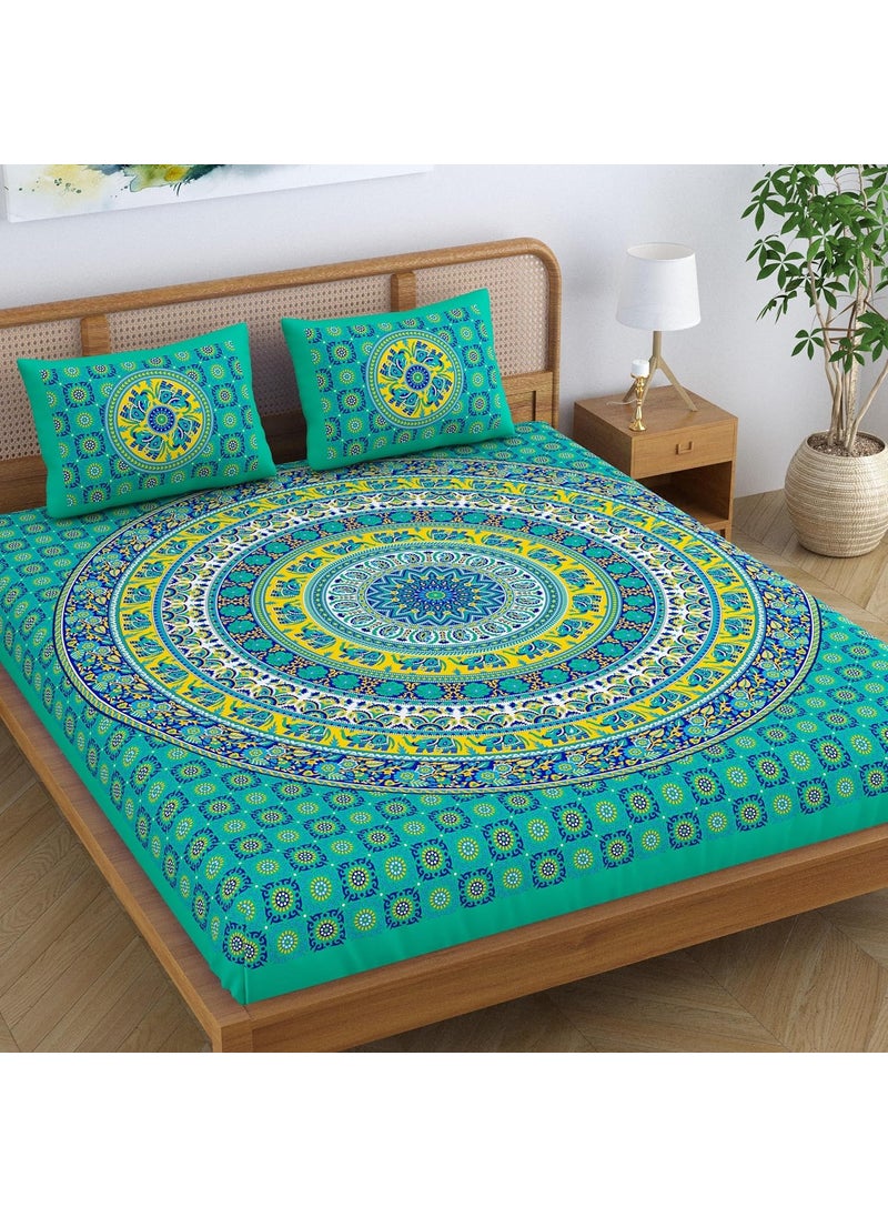 SheetKart Elephant Mandala 144 TC 100 Cotton Double King Size Bedsheet with 2 Pillow Covers Green Character 228 CM x 228 CM