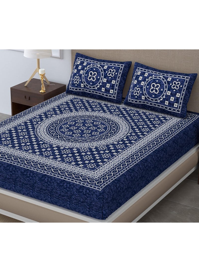 SheetKart Summer 144 TC 100 Cotton Double Bedsheet with 2 Pillow Covers Naval Blue