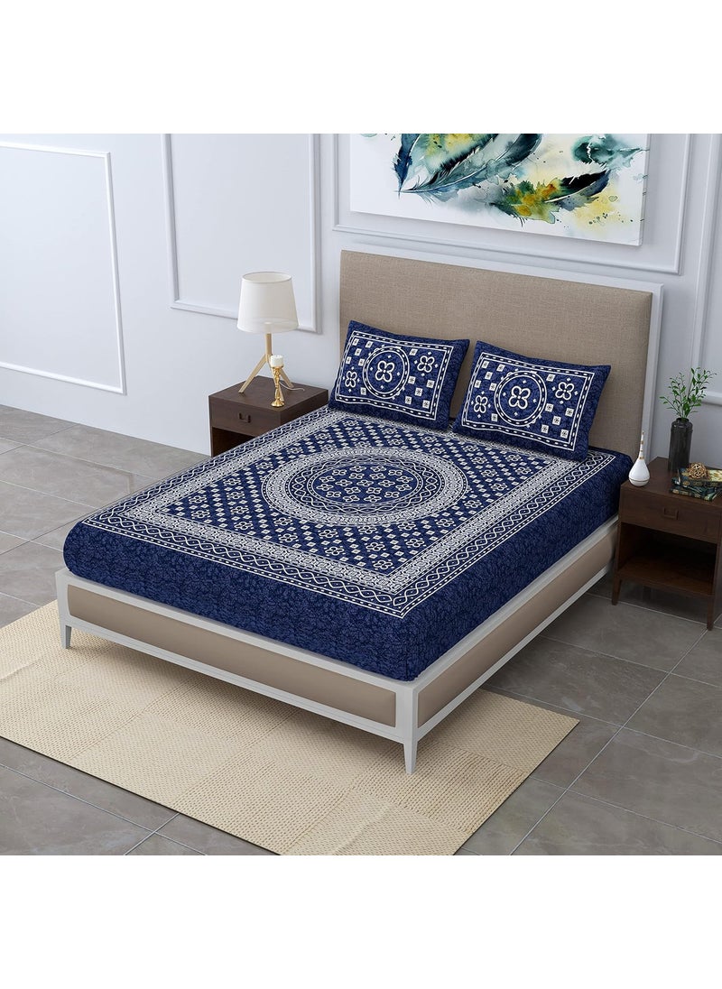 SheetKart Summer 144 TC 100 Cotton Double Bedsheet with 2 Pillow Covers Naval Blue