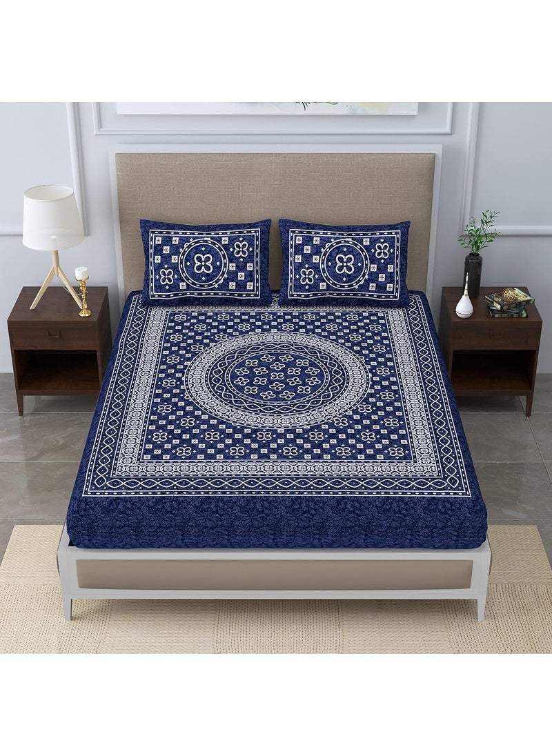 SheetKart Summer 144 TC 100 Cotton Double Bedsheet with 2 Pillow Covers Naval Blue