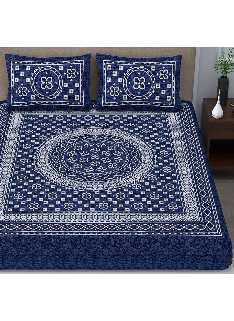 SheetKart Summer 144 TC 100 Cotton Double Bedsheet with 2 Pillow Covers Naval Blue