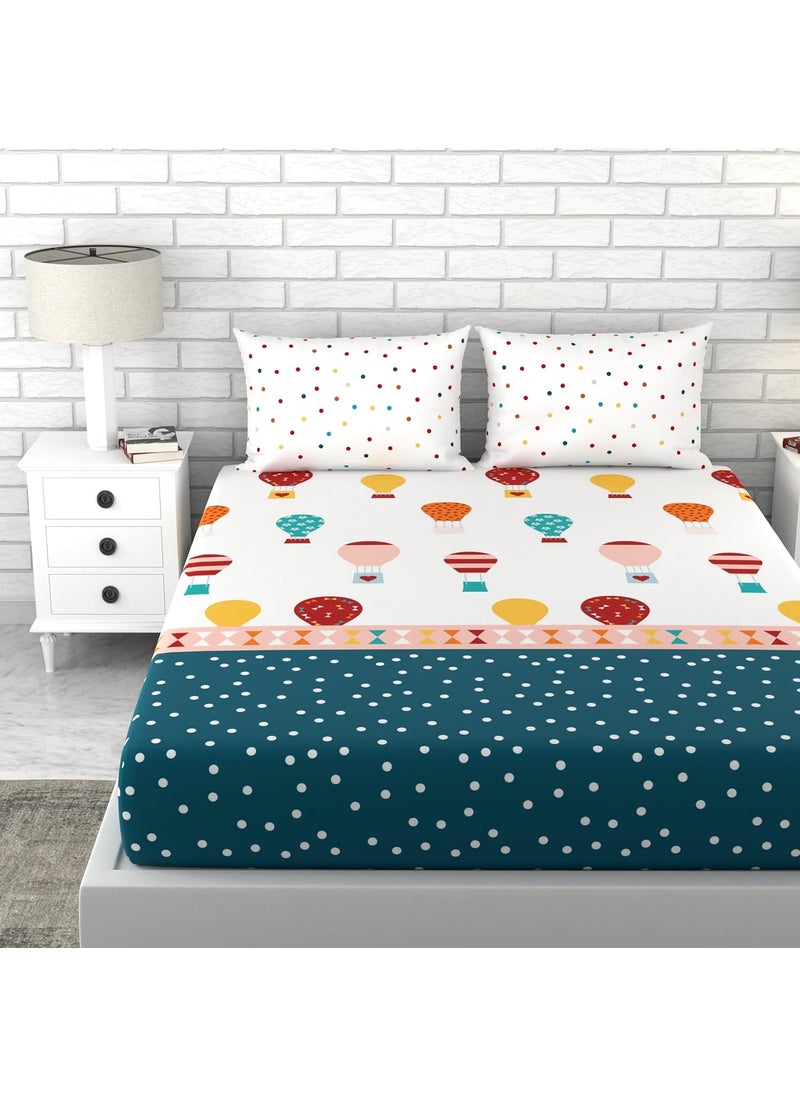 LORETO A QUALITY LINEN BRAND 100 Cotton Bedsheet for Double Bed 1 Double Bedsheet with 2 Pillow Covers 144 TC Queen Size Double Bedsheet Cotton Red and Blue Hot Air Balloon Design
