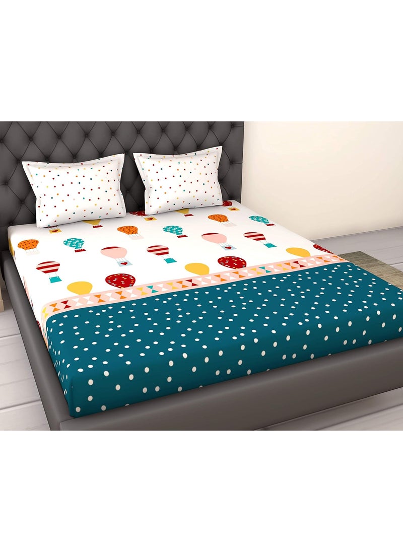LORETO A QUALITY LINEN BRAND 100 Cotton Bedsheet for Double Bed 1 Double Bedsheet with 2 Pillow Covers 144 TC Queen Size Double Bedsheet Cotton Red and Blue Hot Air Balloon Design