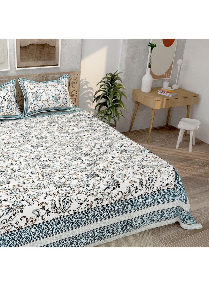EasyGoods 240 TC Pure Cotton Bedsheet for Double Bed King Queen Size Bed Jaipur Rajasthani Design with 2 Pillow Covers Extra Soft Wrinkle Free 90 x 103 inches Sea Green Monarch06