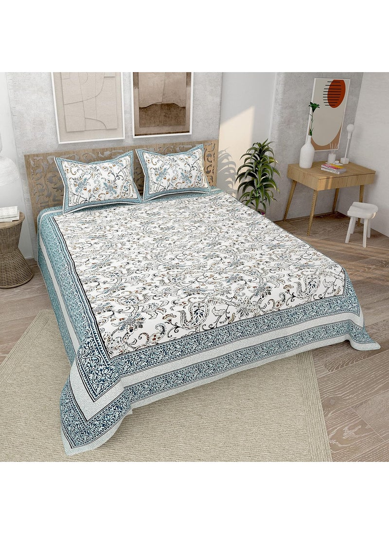 EasyGoods 240 TC Pure Cotton Bedsheet for Double Bed King Queen Size Bed Jaipur Rajasthani Design with 2 Pillow Covers Extra Soft Wrinkle Free 90 x 103 inches Sea Green Monarch06