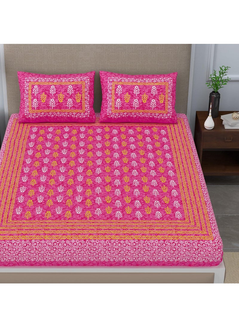 SheetKart Jaipuri Traditonal Sanganeri Print 144 TC Cotton Double Bedsheet with 2 Pillow Covers Pink