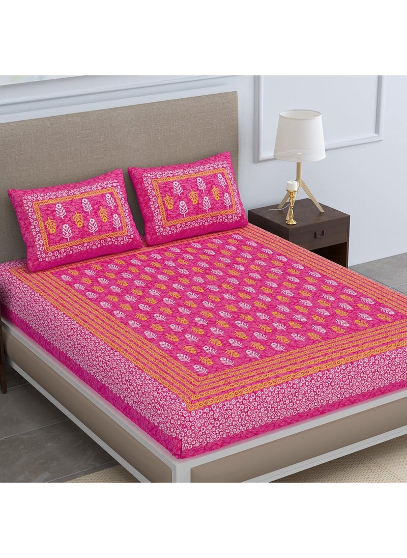 SheetKart Jaipuri Traditonal Sanganeri Print 144 TC Cotton Double Bedsheet with 2 Pillow Covers Pink