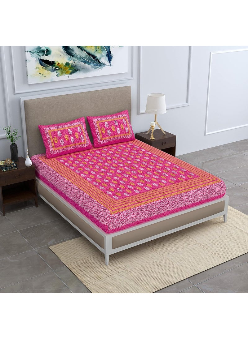 SheetKart Jaipuri Traditonal Sanganeri Print 144 TC Cotton Double Bedsheet with 2 Pillow Covers Pink