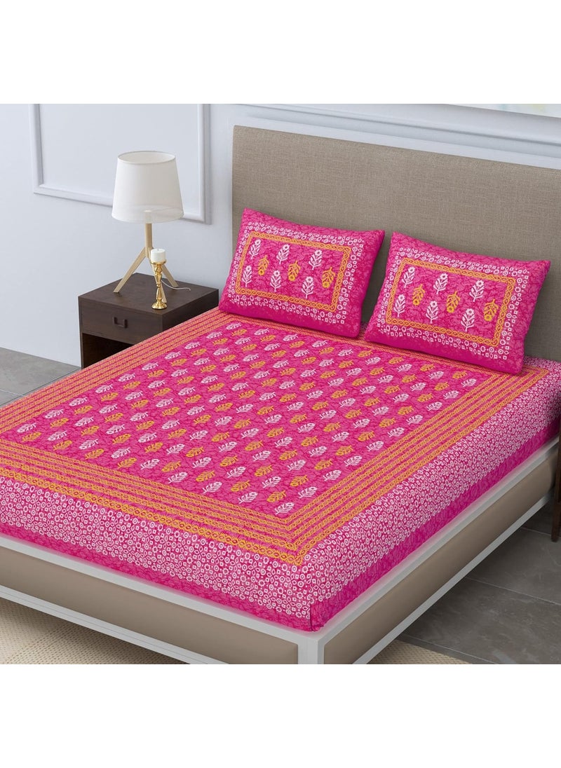 SheetKart Jaipuri Traditonal Sanganeri Print 144 TC Cotton Double Bedsheet with 2 Pillow Covers Pink