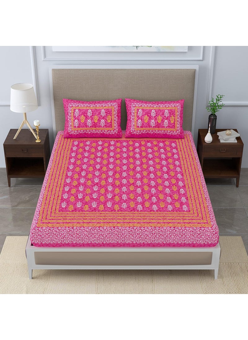 SheetKart Jaipuri Traditonal Sanganeri Print 144 TC Cotton Double Bedsheet with 2 Pillow Covers Pink