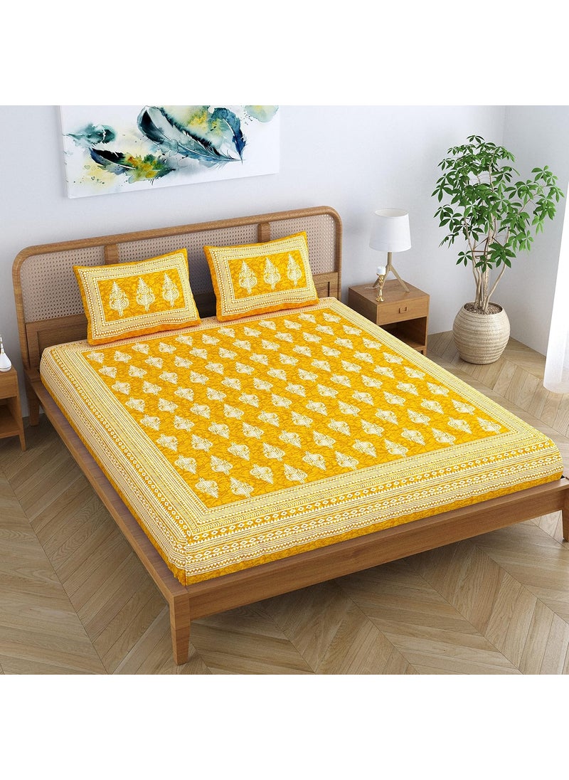 SheetKart Motif Floral 144 TC 100 Cotton Double Bedsheet Jaipuri Printed Bed Cover with 2 Pillow Covers Summer Yellow