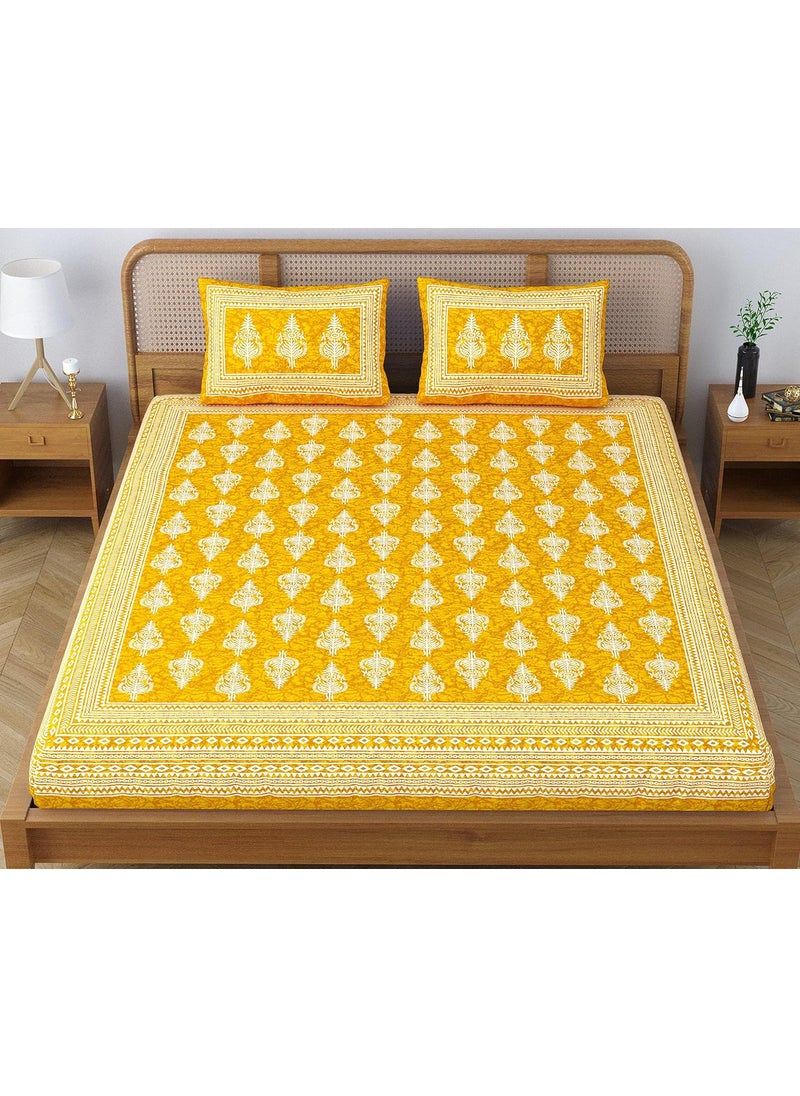 SheetKart Motif Floral 144 TC 100 Cotton Double Bedsheet Jaipuri Printed Bed Cover with 2 Pillow Covers Summer Yellow