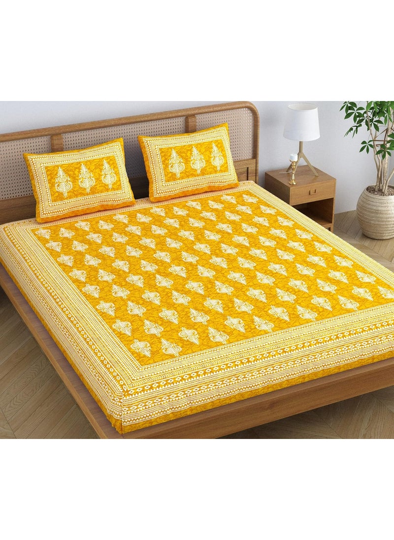 SheetKart Motif Floral 144 TC 100 Cotton Double Bedsheet Jaipuri Printed Bed Cover with 2 Pillow Covers Summer Yellow