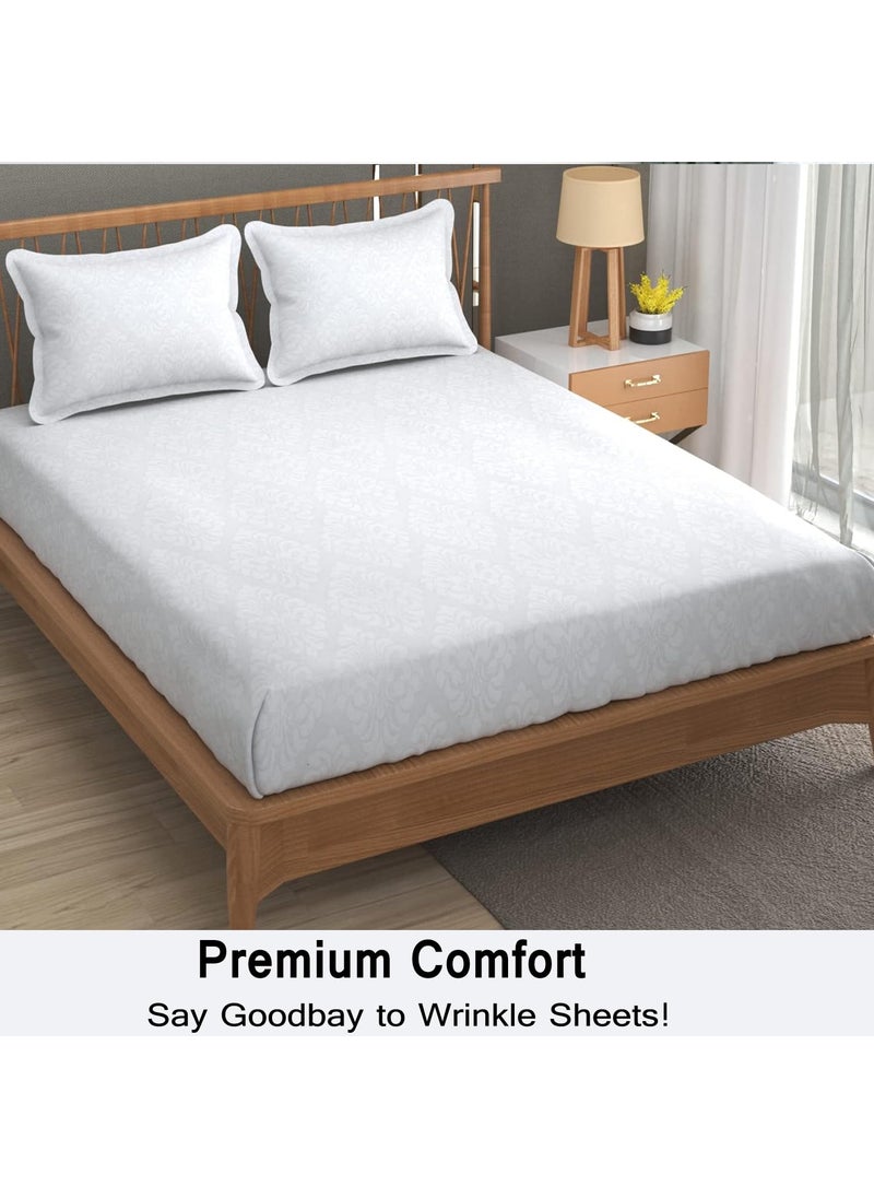 FRESH FROM LOOM Microfiber Wrinkle ResistantSoft Skin SafeBreathable King Size Flat BedsheetsHotelHomeDouble Bedsheet Set With 2 Pillow Covers95X90 Inches WhiteDamas Design144 TC