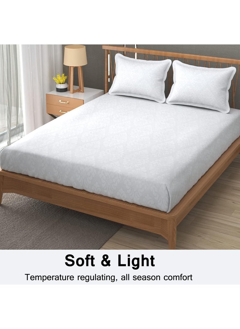 FRESH FROM LOOM Microfiber Wrinkle ResistantSoft Skin SafeBreathable King Size Flat BedsheetsHotelHomeDouble Bedsheet Set With 2 Pillow Covers95X90 Inches WhiteDamas Design144 TC