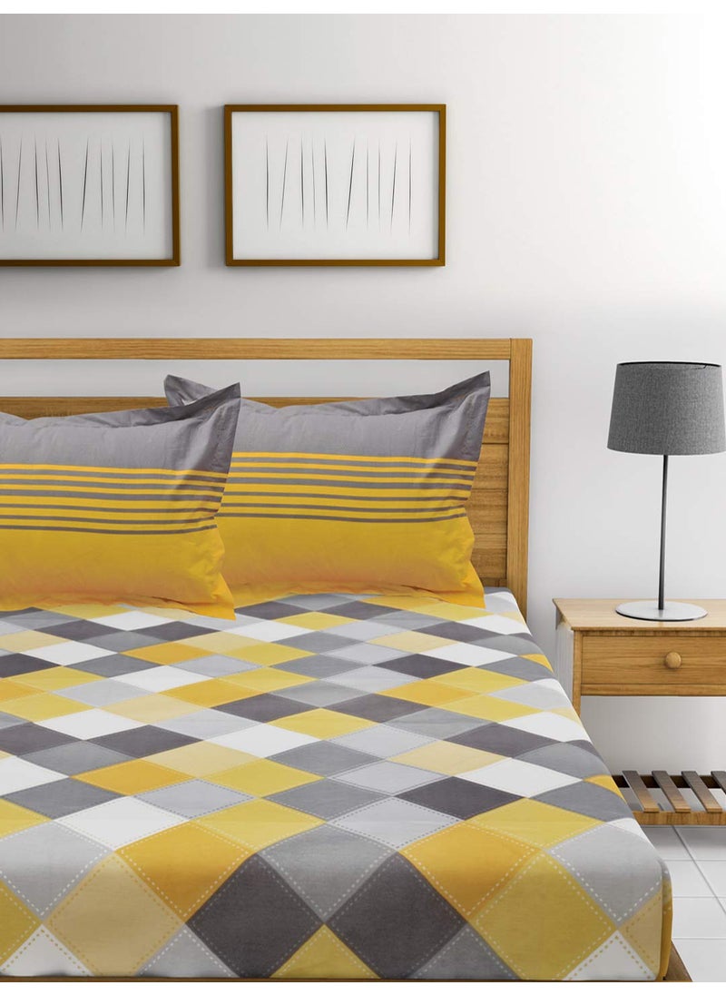 HUESLAND by Ahmedabad Cotton 144 TC Cotton Double Bedsheet with 2 Pillow Covers Yellow Grey