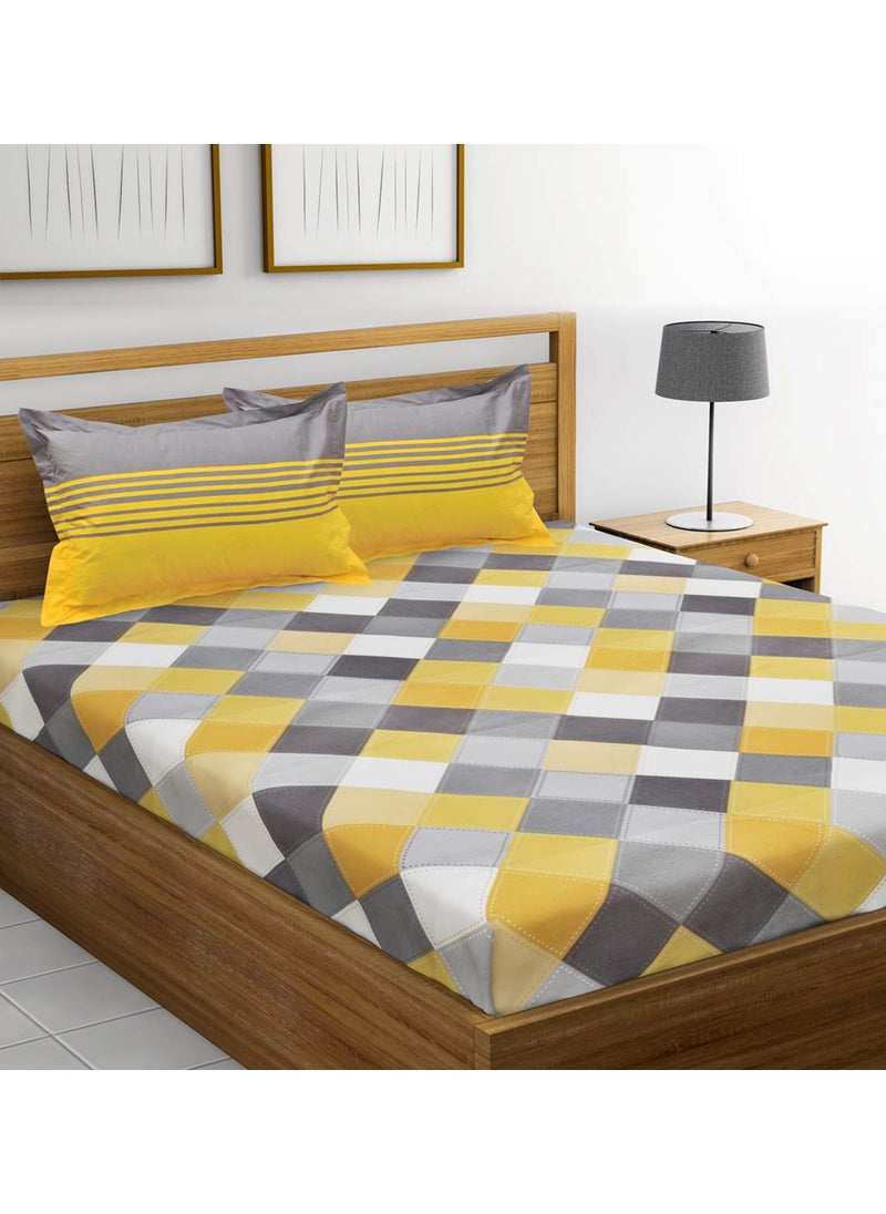 HUESLAND by Ahmedabad Cotton 144 TC Cotton Double Bedsheet with 2 Pillow Covers Yellow Grey