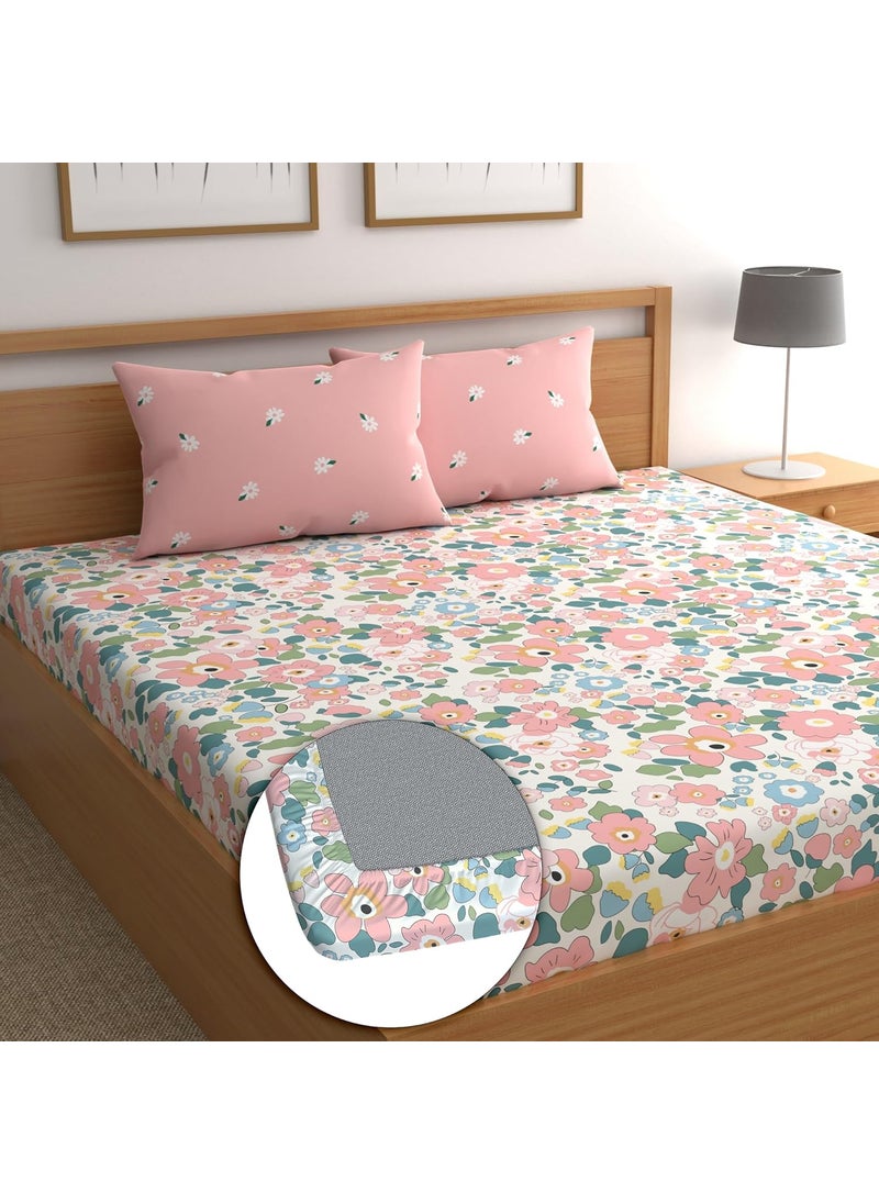 DREAMLET Prime Collections 180TC Glace Cotton Breathable Supersoft Wrinkelfree Double Fitted Bedsheet with 2 King Size Pillow Covers Pink Multi Fitted