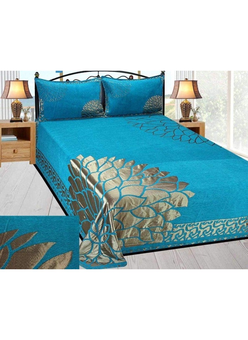 FRESH FROM LOOM Floral Chenille Velvet 500 TC Bedsheet Aqua_Double Bed 1 Double Bed King Size Bedsheet with 2 Pillow Cover Size 90x100 Inch