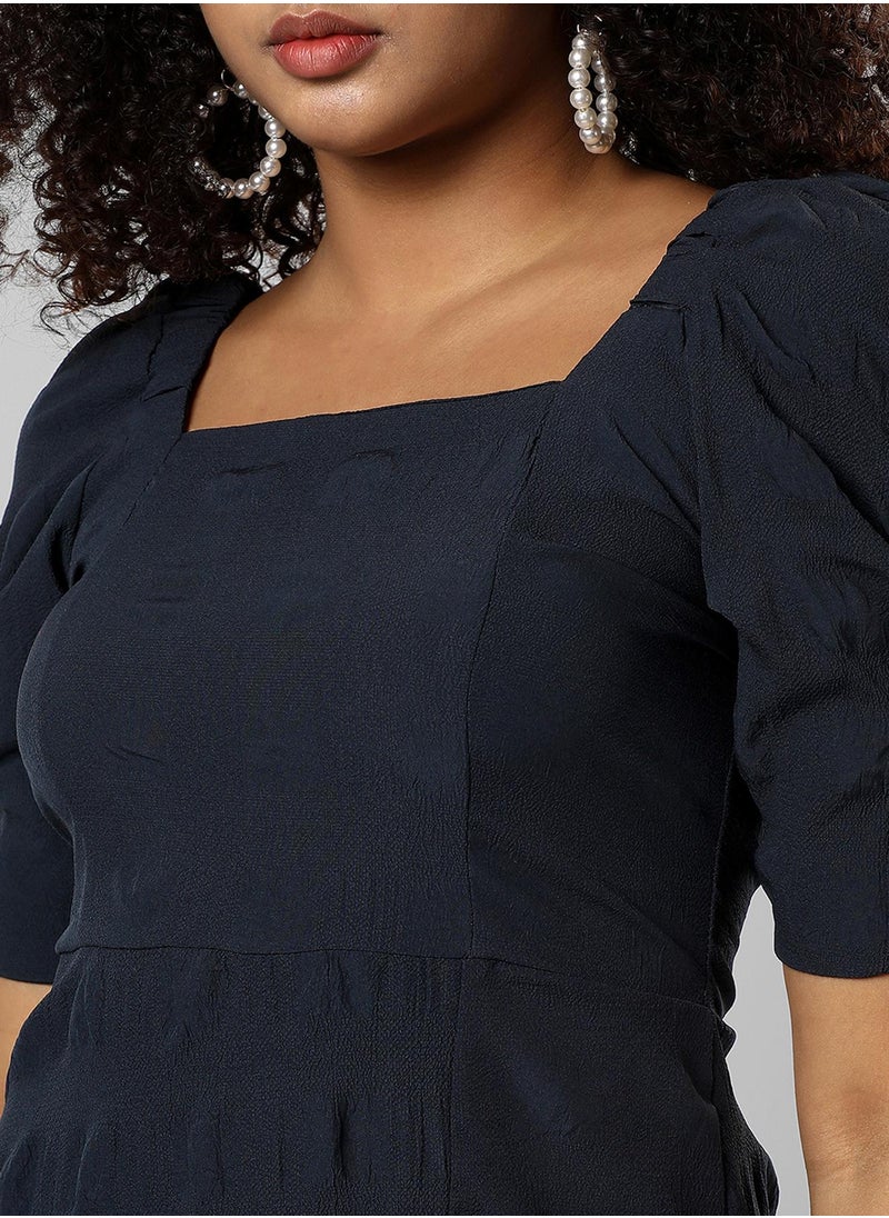 Women's Navy Blue Creased Dress With Slit Detail