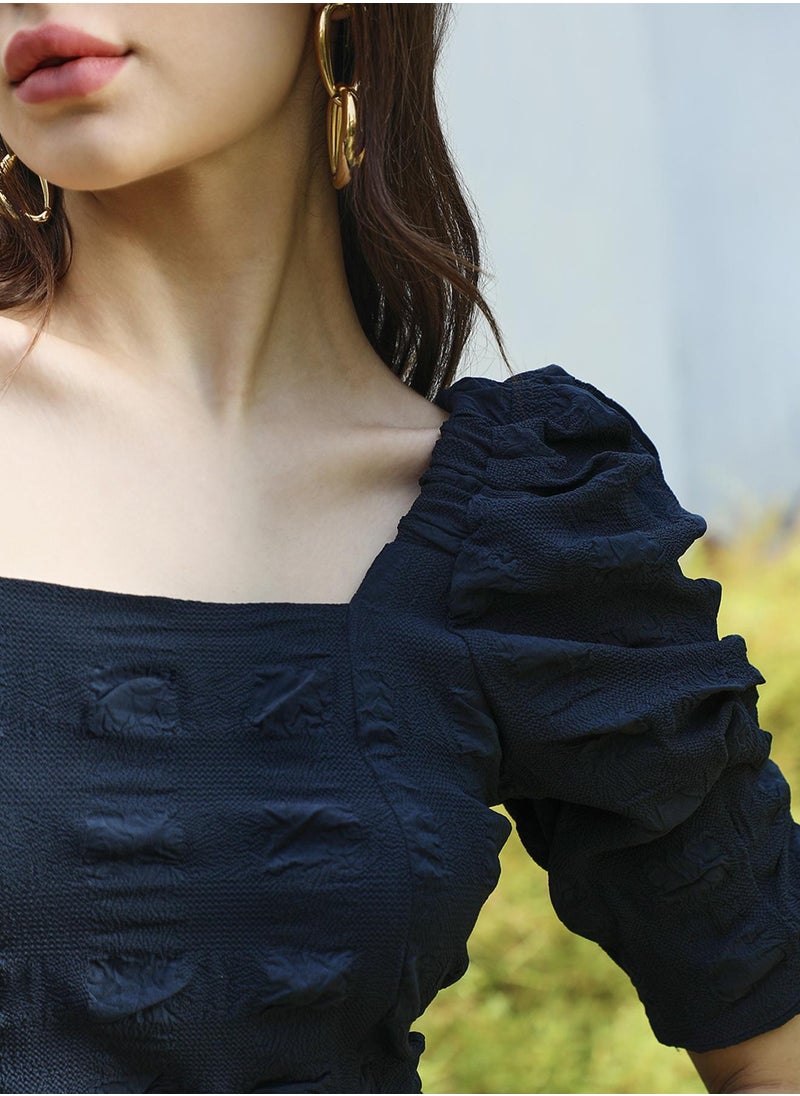 Women's Navy Blue Creased Dress With Slit Detail